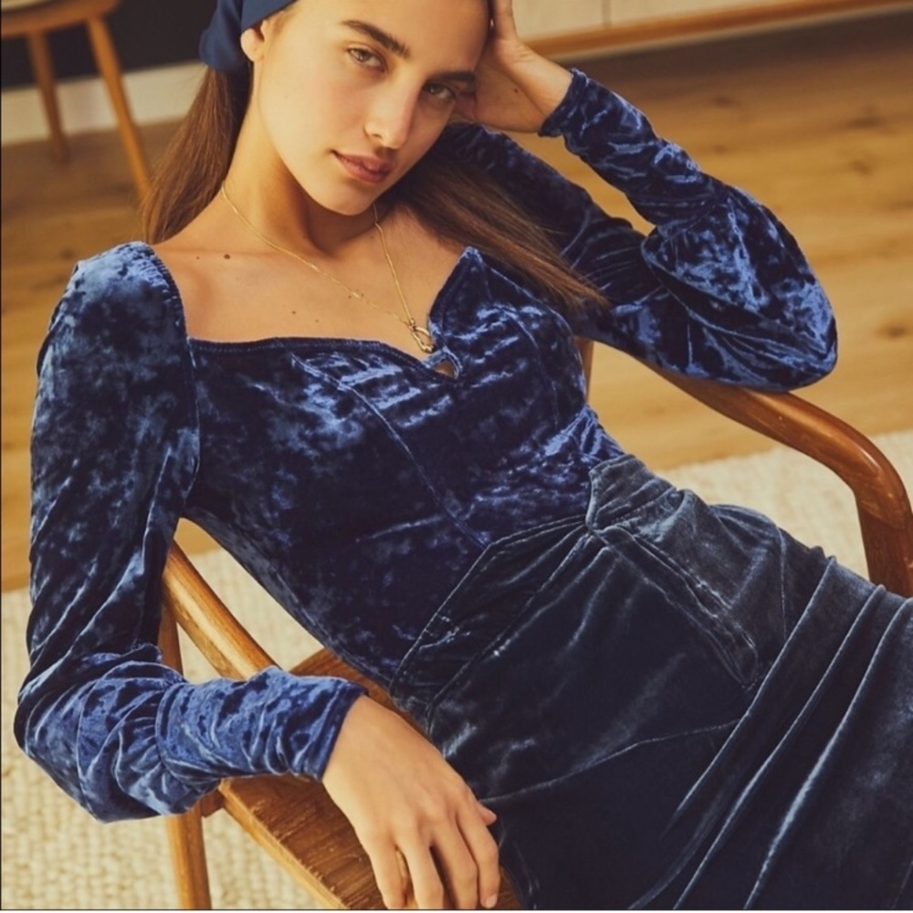 $78 Intimately Free People NWOT Small Blue Black Magic Velvet Bodysuit Leotard